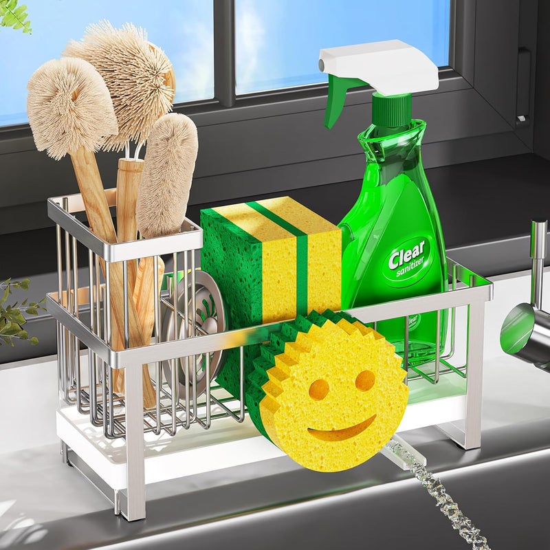 Taugast Sponge Holder for Kitchen Sink,Sink Caddy with Removable Dish Brush Holder,Self-Draining Kitchen Countertop Organizers and Storage Essentials,Soap Dispenser Organize and Home Decor-Silver - Image 1